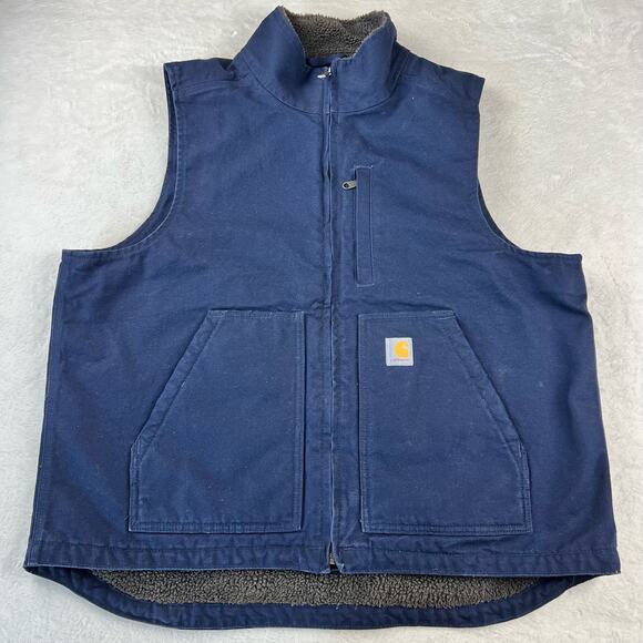 Carhartt Navy Blue Sherpa Lined Canvas Vest Men's size Large  104277 - Picture 1 of 7